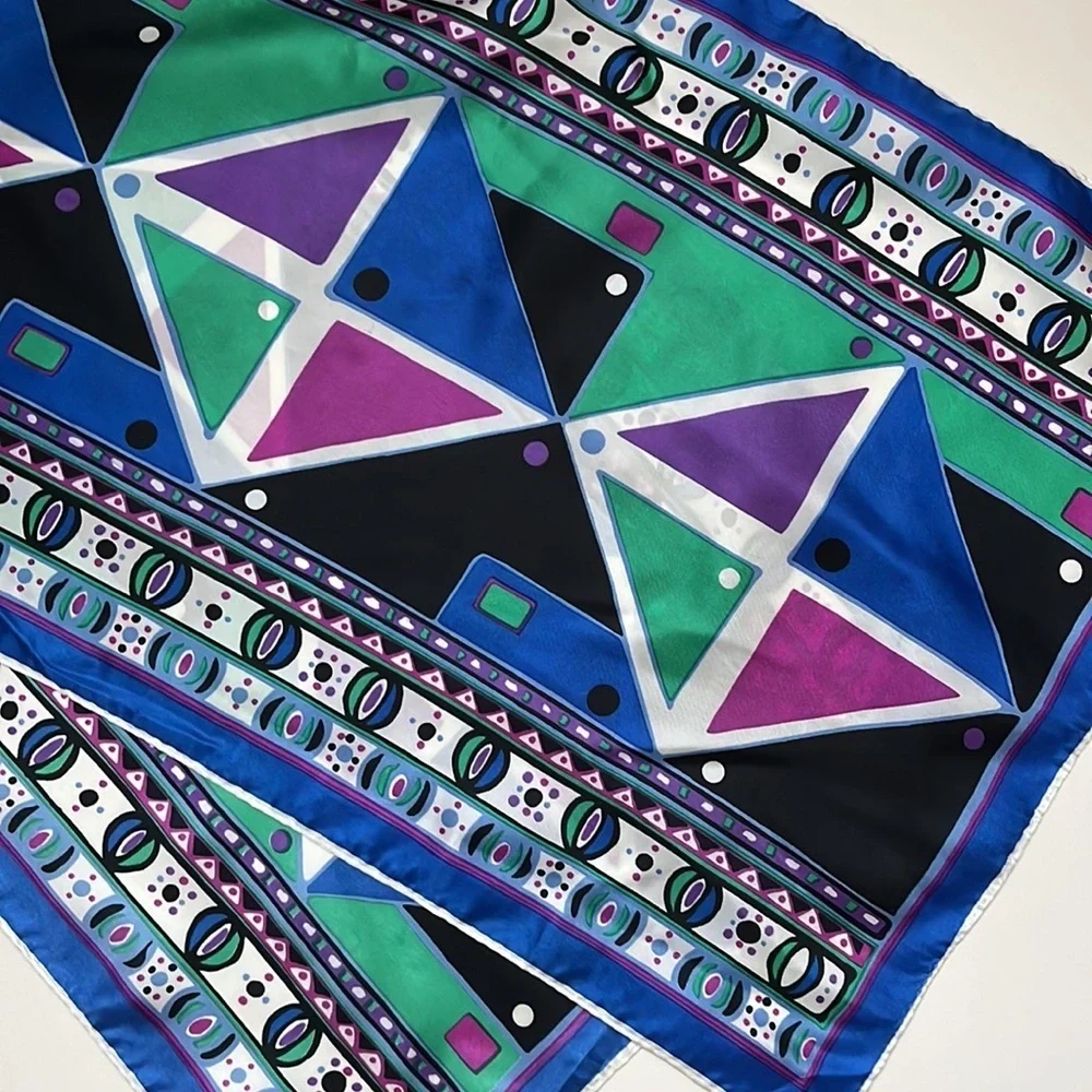 3/$15 Vintage Bold Geometric Shape Satin Look Long Scarf Black Blue Green Purple